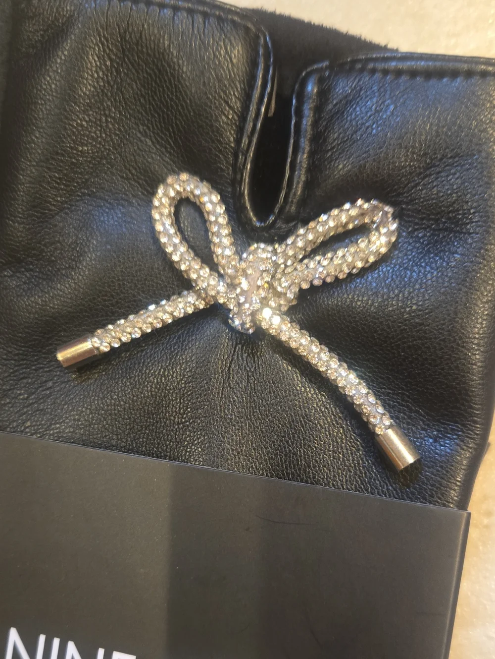 New Nine West Black Faux Leather Gloves with Rhinestone Bow Accent